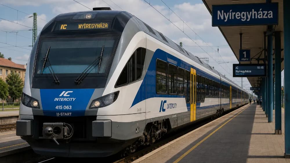 MÁV FLIRT személyvonat halad egy magyarországi vasútvonalon