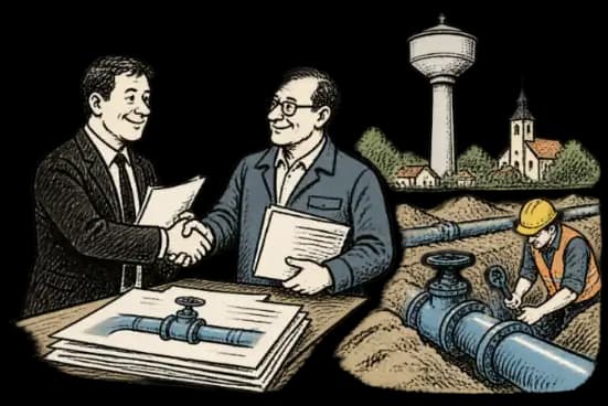 Illusztráció: kézfogás pályázati dokumentumok fölött; a háttérben víztorony és egy vízvezetéken dolgozó szerelő.