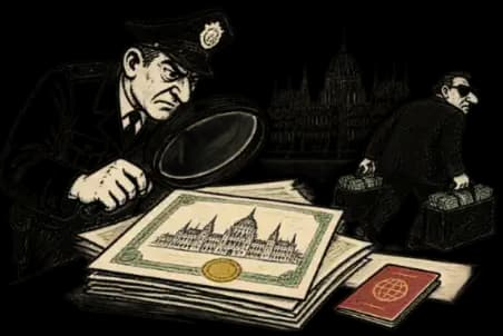 Illusztráció: rendőr nagyítóval vizsgál egy iratköteget; a háttérben az Országgyűlés épülete és egy aktatáskás alak.