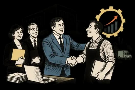 Illusztráció: kézfogás irodai környezetben, iratkötegekkel és emelkedő mutatóval – vállalkozói együttműködés
