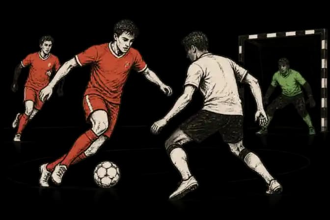 Illusztráció: futsalpálya labdával a kapu előtt